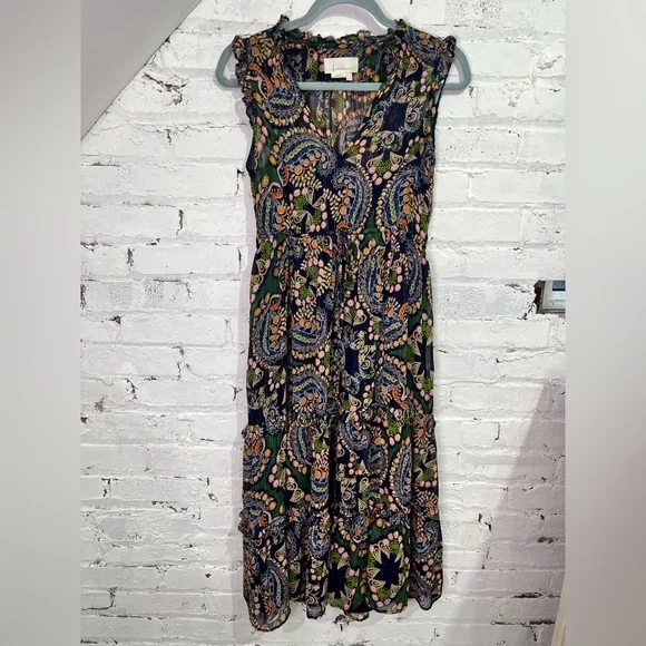 Anthropologie Elmira Boho Paisley Midi Dress Size 4 Tiered Ruffle Trim Small - Picture 5 of 13